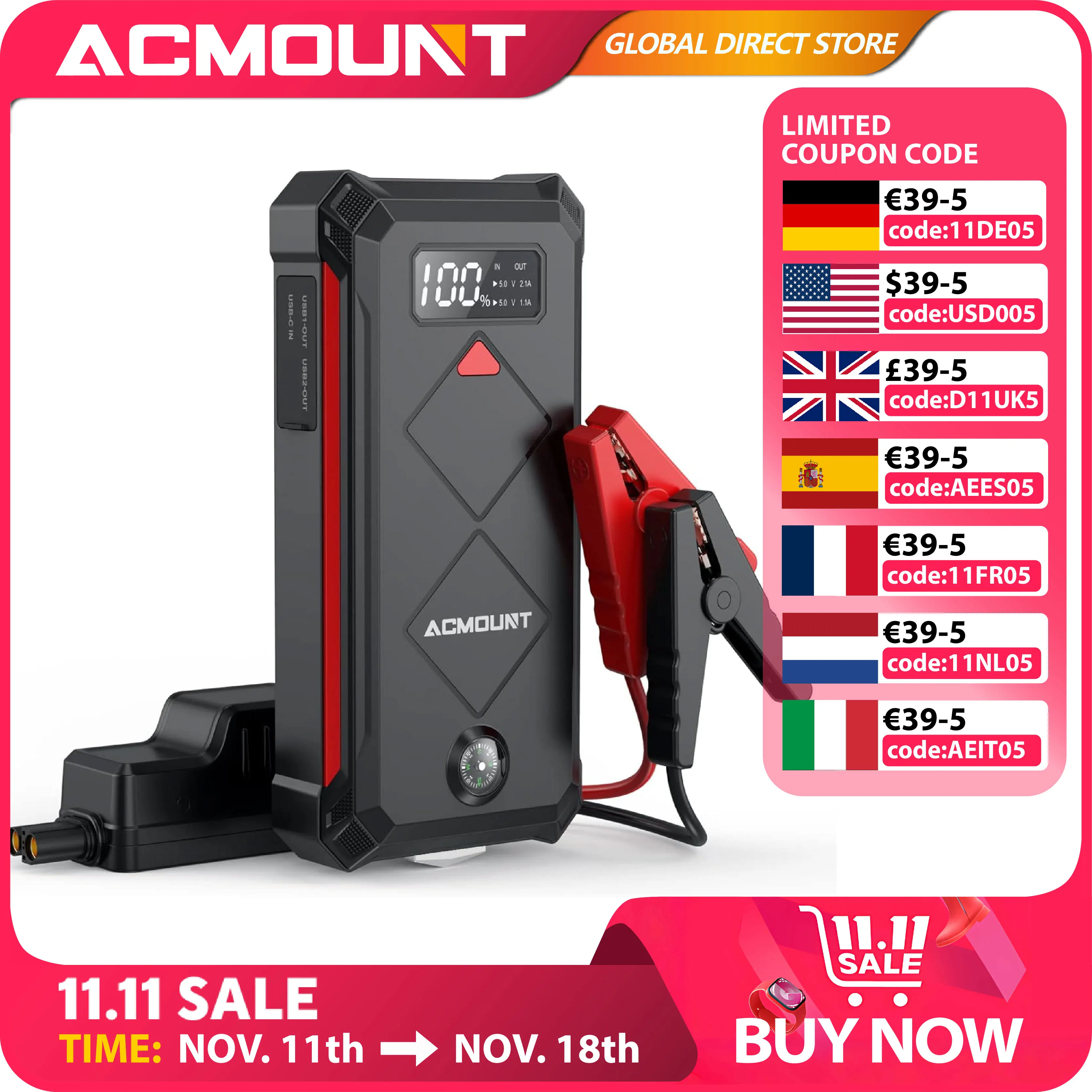 ACMOUNT 3000A Car Jump Starter, 12V Portable, Compact Jump Starter Battery Pack Up to 10.0L Gas and 8.0L Diesel Engine for Car