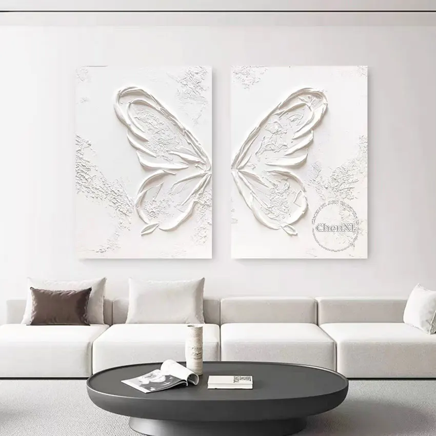 Home Decor Thickness Abstract White Butterfly Oil Painting Art Canvas Wall Picture Unframed 2 Panels Group Poster Aetwork