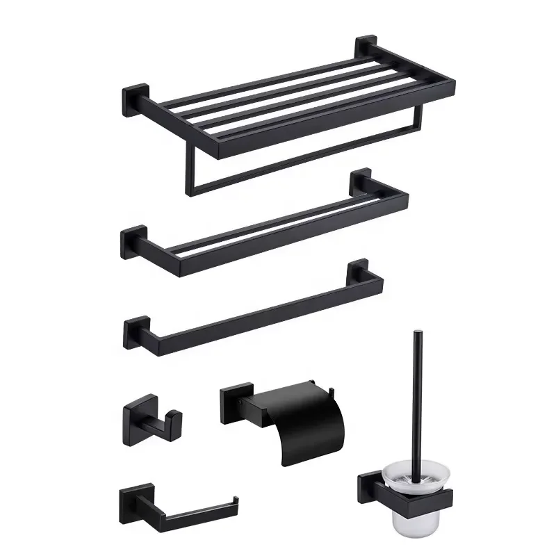 Matte Black 304 Stainless Steel Bathroom Accessories Set 7 Piece Wall Mounted Towel Rack Soap Dish Holder Modern Home Decor