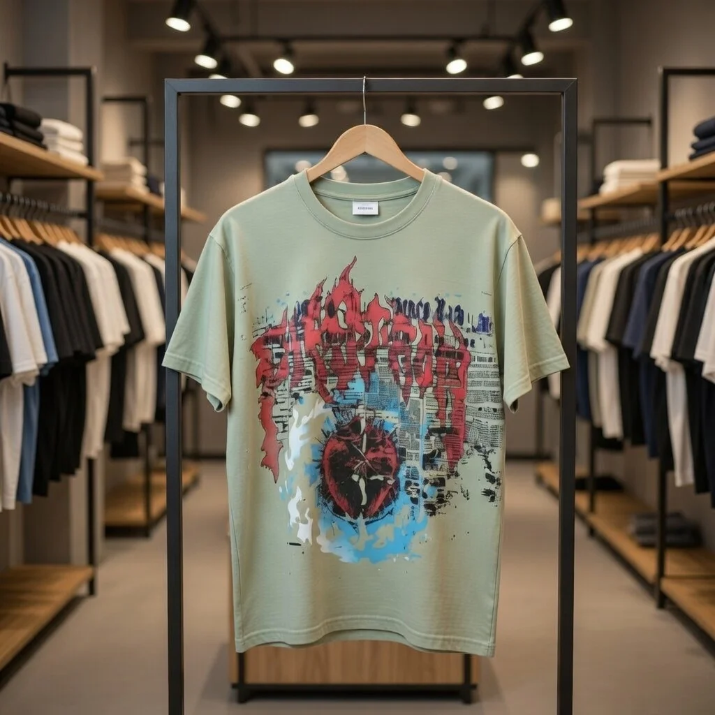 FIRST ROW TEE Lost Utopia Blue Graffiti Print T-Shirt Rhinestone Collar Palm Leaves Castle Artwork Bold Graphic Tee Unisex