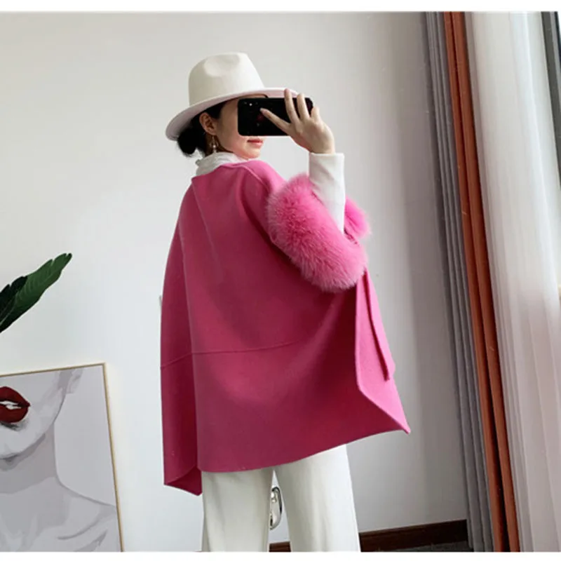 2023 New Loose Real Wool Jacket With Real Fox Fur Cuff Women Brazil Fashion Oversize Woolen Coat Female Cashmere Outwear