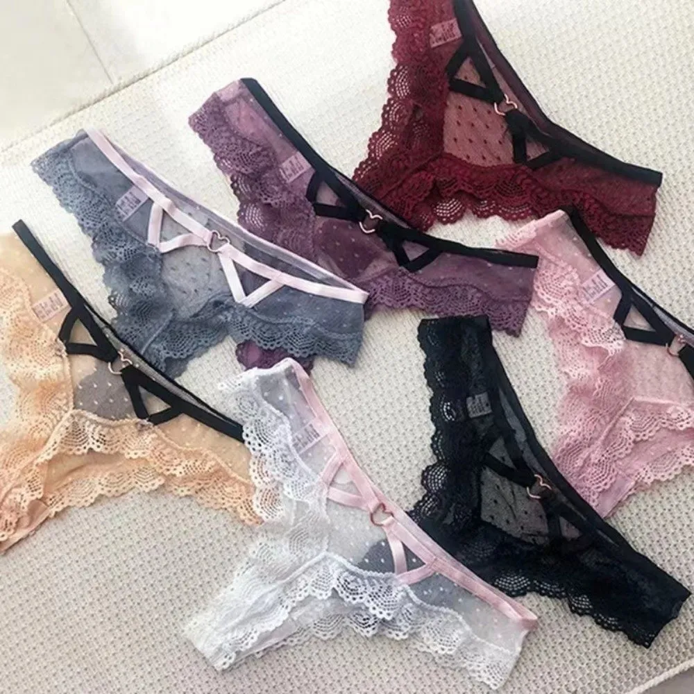 Lingerie Low Waist Lace Panties Hollow Out Thong Underwear for Women Dots Transparent Mesh Lace Briefs Girl