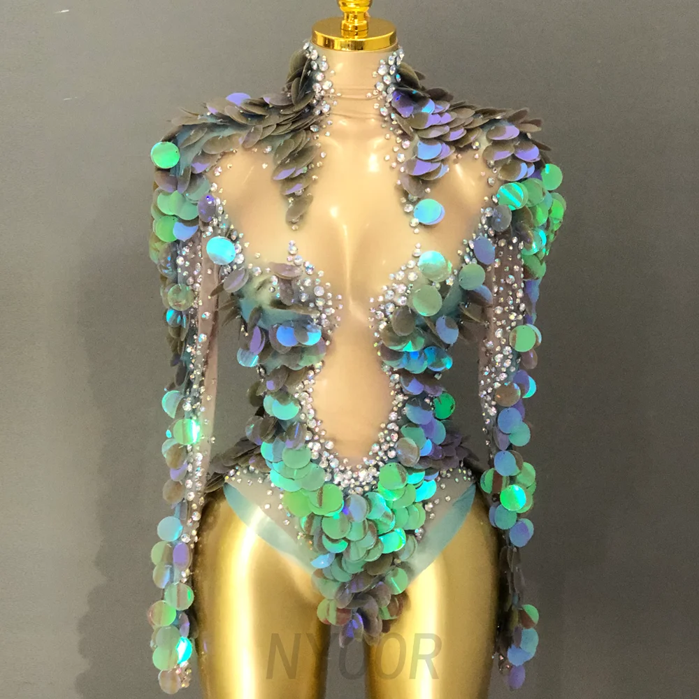 Glitzernder AB-Strass-Pailletten-Bodysuit für Damen, Sexy Club-Outfit, Performance-Tanzkostüm, Sänger-Tänzer-Show-Bühnenkleidung