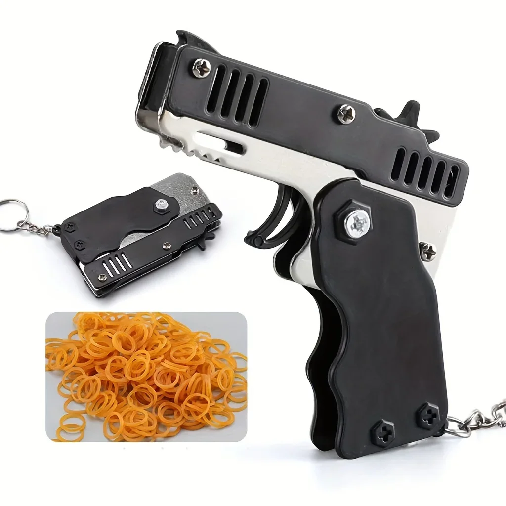 1PCS Keychain Gun 60 Rubber Bands Rubber Band Gun Shooting Pistol Alloy Kid Outdoor Party Metal Gun Gift Boyfriend Gift Funny
