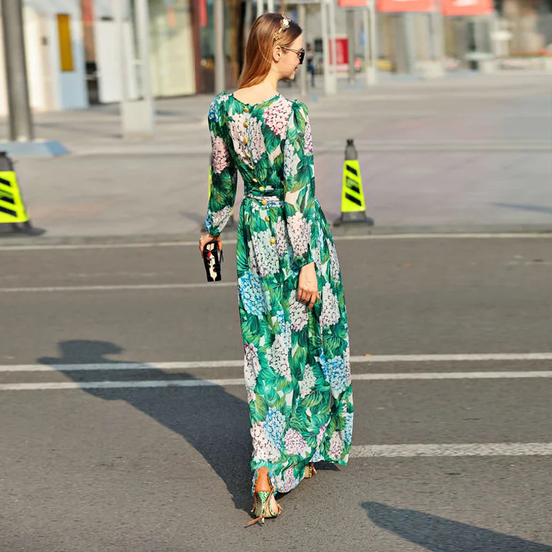 High Quality Runway Summer New Women'S Long Sleeved Maxi Bohemian Beach Sunscreen Holiday Printed Chiffon Long Dress