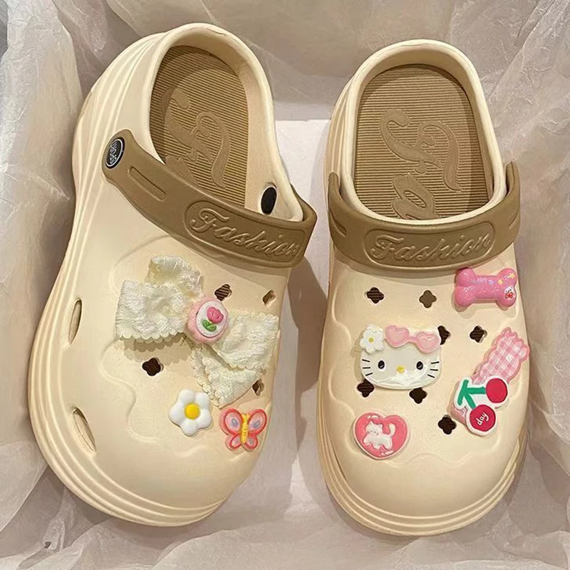 

Hello Kitty Sanrio Kawaii Hole Sandals Shoes Women's Anti Slip Girl Heart Thick Sole Pink Sweet Beach Wrap Summer Slippers Bow T