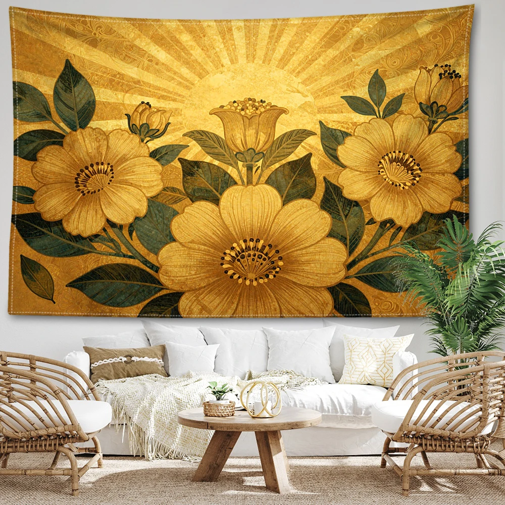 Golden Yellow Sunflower Radiating Printed Tapestry Wall Hanging Bohemian Style Bedroom Home Decor