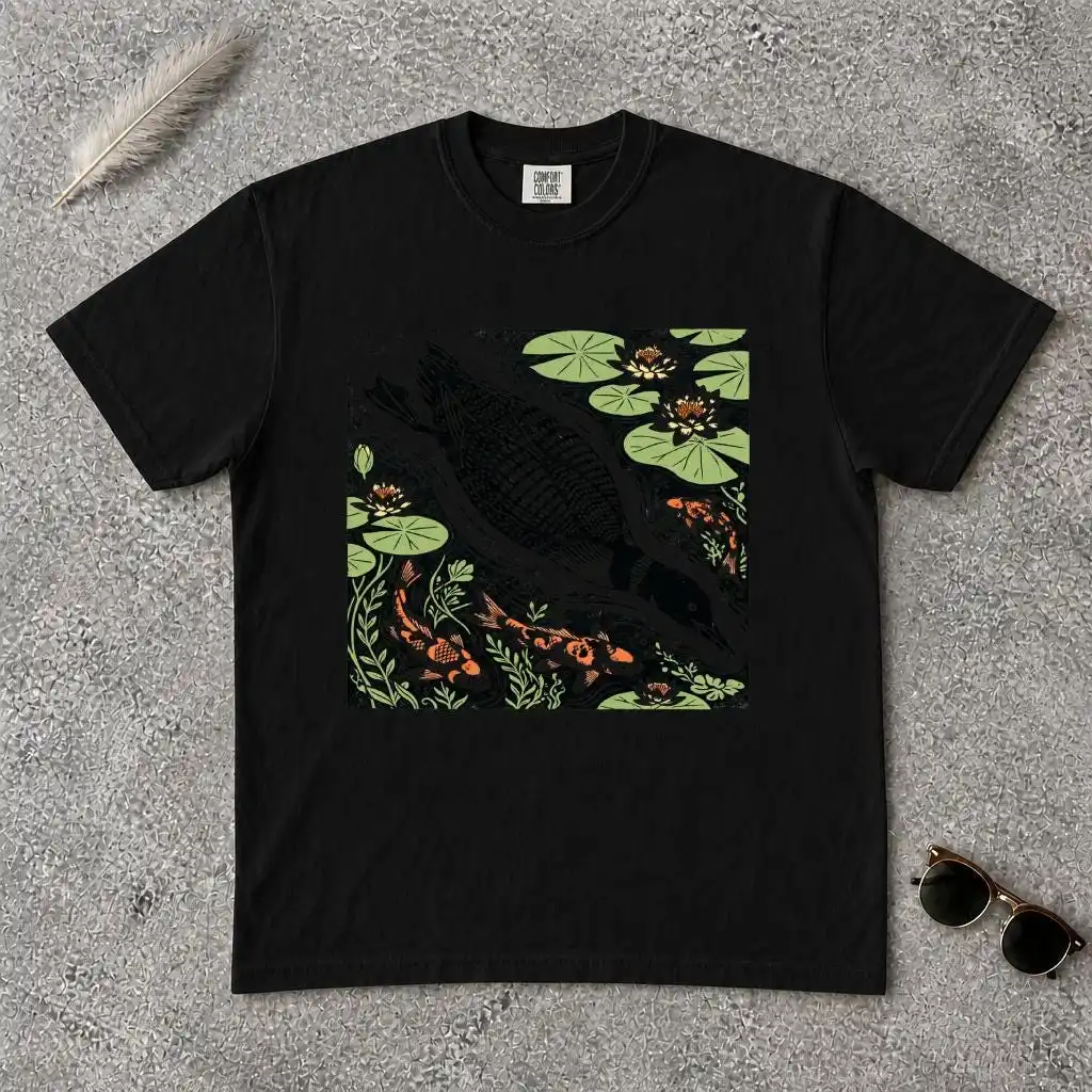 ®  Loon Koi Pond Linocut Artistic T-Shirt, Nature Wildlife Cottagecore Tee