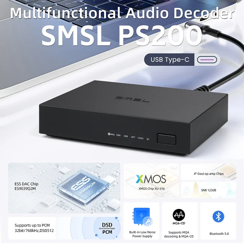 SMSL PS200 Mini Multifunctional Bluetooth 5.0 Audio USB Type C DAC Decoder ES9039Q2M MQA Decoding Support PCM768 DSD512