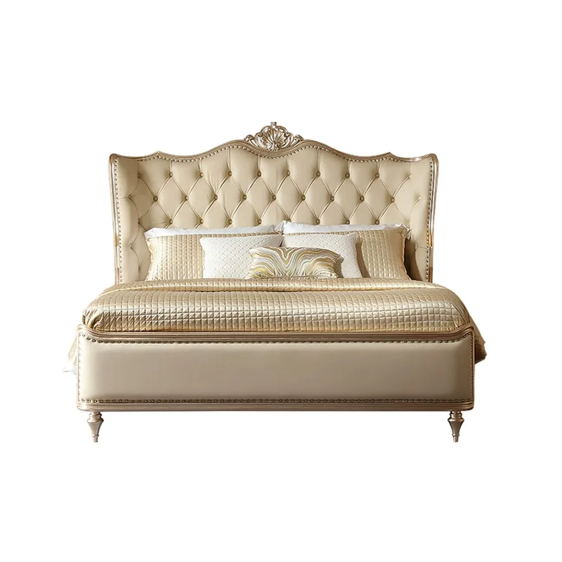 Cama doble de lujo francesa de cuero y madera maciza, estilo europeo retro, para dormitorio principal, cama de princesa de 1.8 metros, cama de boda.