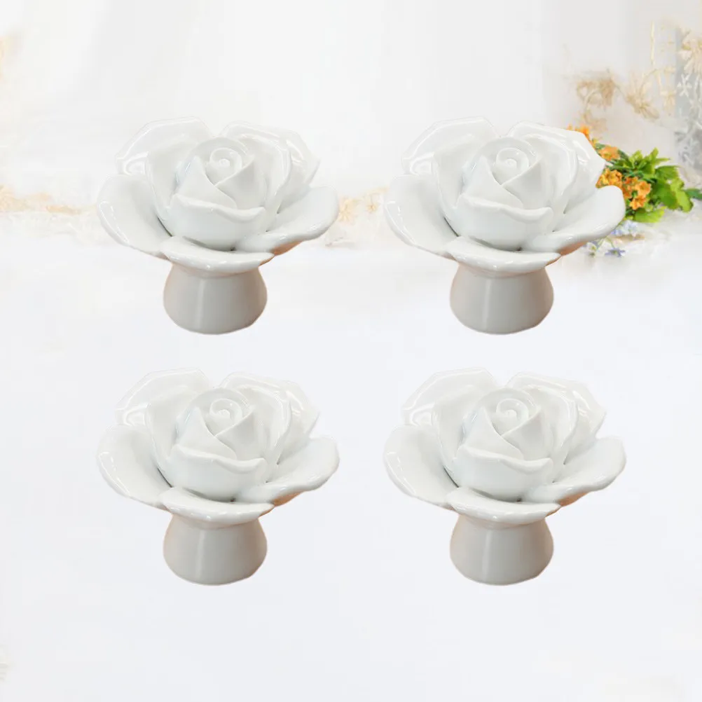4Pcs Ceramic Rose Flower Drawer Knobs Pull Handles for Cabinets Wardrobes Dressers Modern Stylish Kitchen Bathroom Furniture