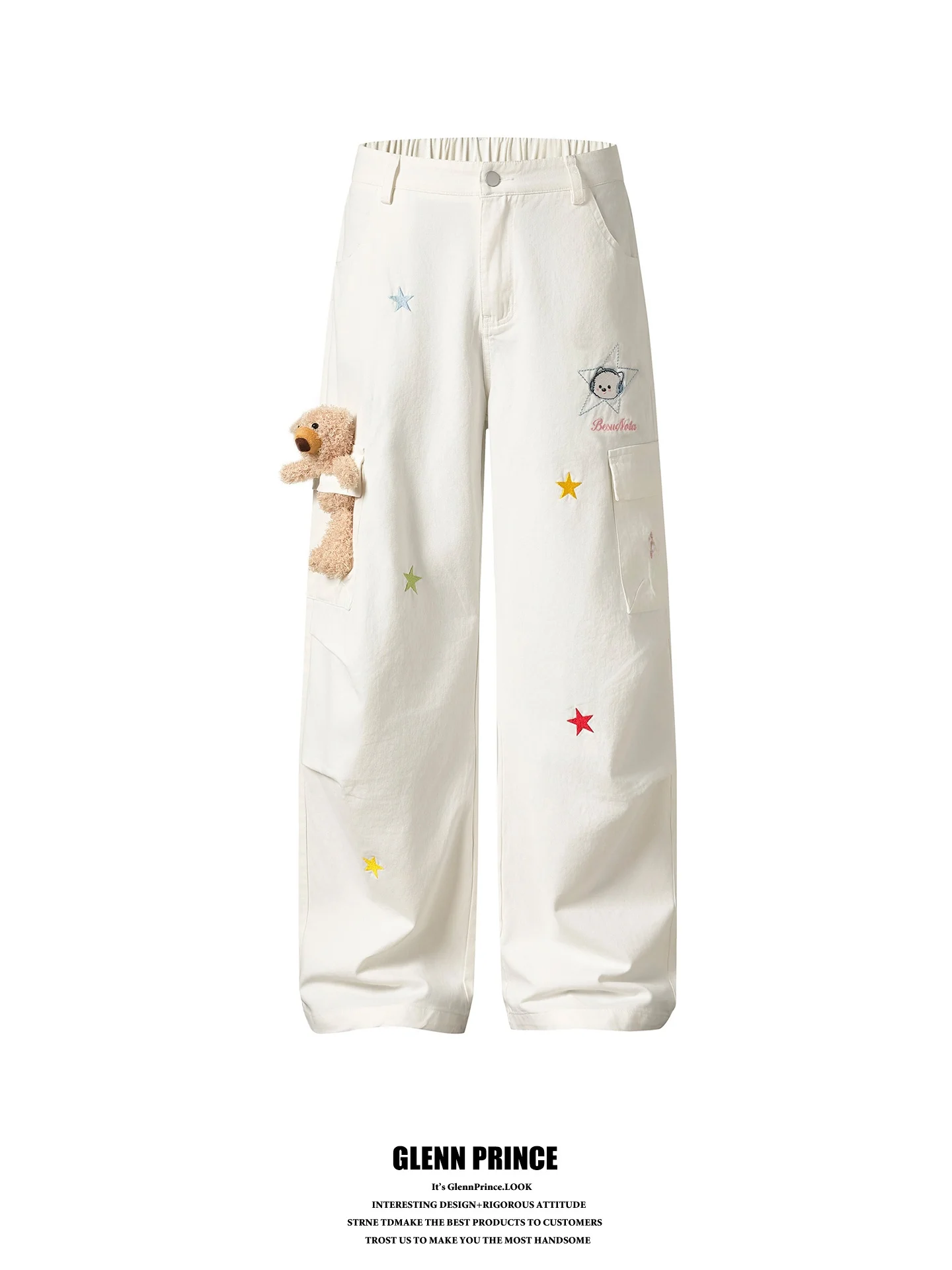 

GPstudio Retro Cute Bear Doll Design Loose Wide Leg Men's Casual Pants Comfortable Breathable Cotton Youthful Vitality Style