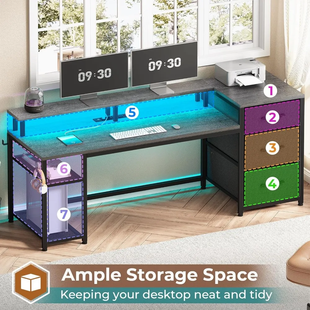 Gaming Desk with Storage and File Drawers, LED-lit Computer Desk with Power Outlet, Home Office Desk for Comfortable Work Enviro