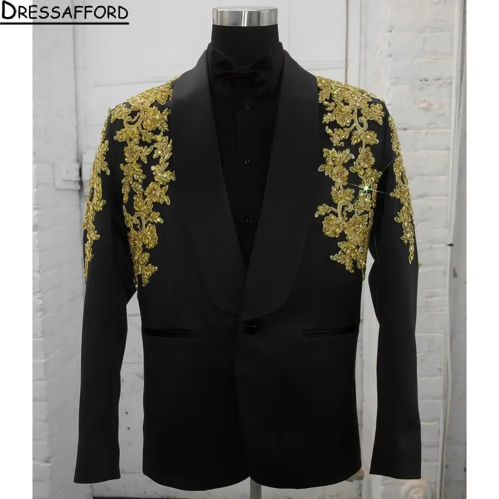 Trajes negros de 2 piezas para hombre, con apliques de lentejuelas doradas de esmoquin chaqueta y pantalones, ropa informal de negocios a la moda para fiesta, boda y novio