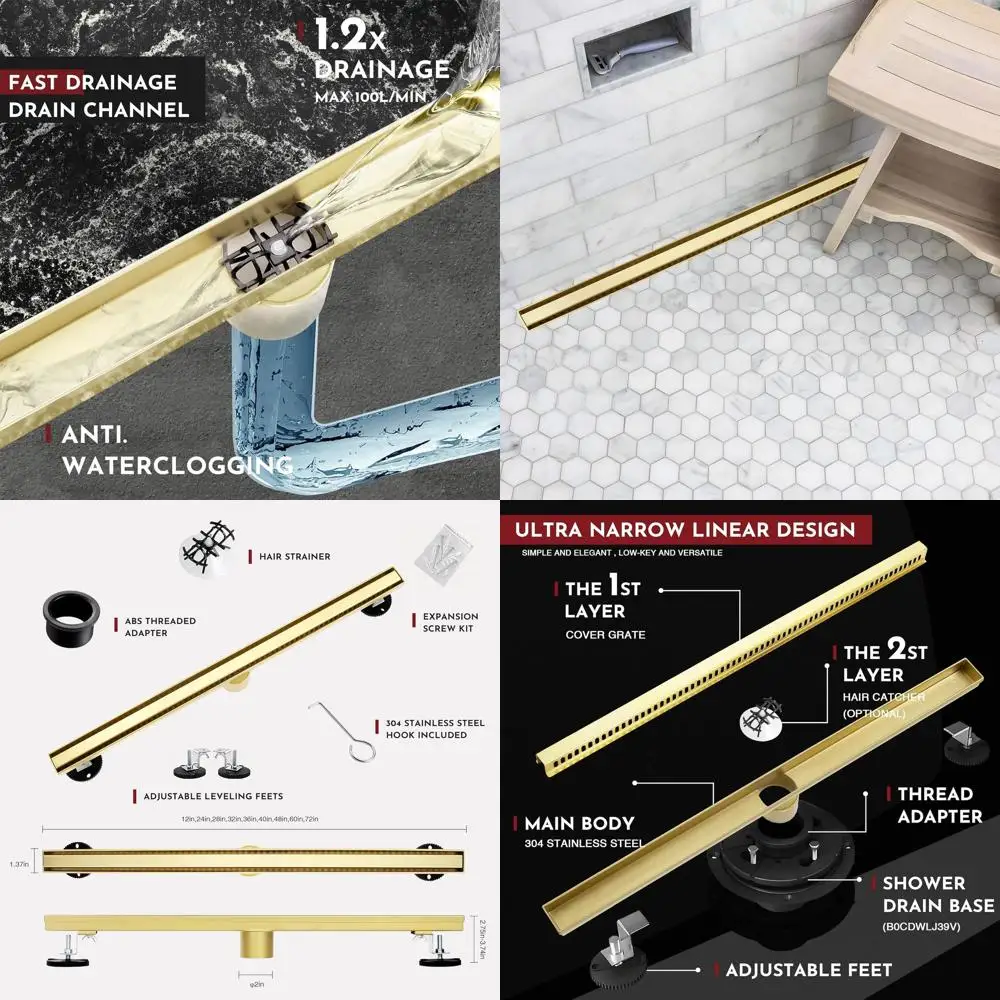 

24 Slimline Shower Drain, Brushed Gold, 304 Stainless, Easy Install & Clean, Excludes Drain Base
