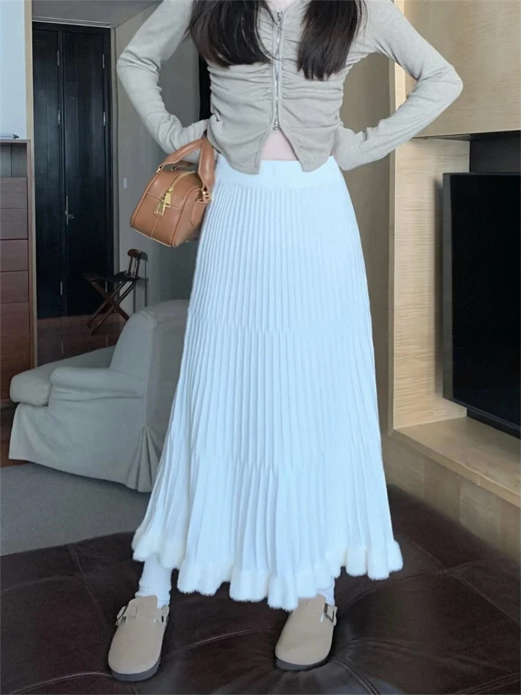 Autumn Knitted Thickening Long Skirts High Waist Slim Stringy Selvedge Women's Skirt Korean Academy Style Pink Pleated Skirt