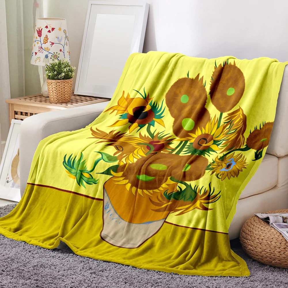Van Gogh Sunflowers Throw Blanket—A vibrant and artistic blanket featuring a bouquet of sunflowers, inspired by Van Gogh's ic