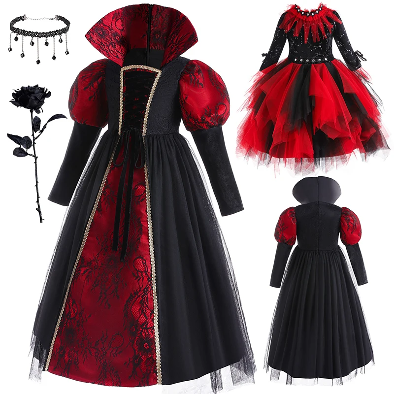 Halloween Girls Gothic Demon Evil Queen Vampire Carnival Party Cosplay Clothes Luxury Witch Tutu Long Dress Disguise Costume Set