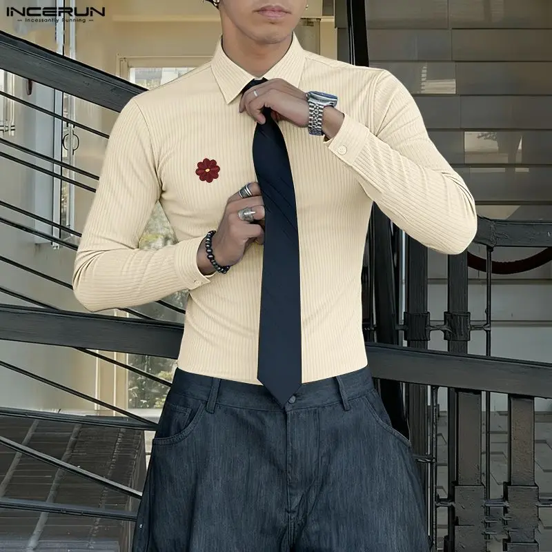 

Мужская рубашка INCERUN с цветочным пэчворком, отложным воротником, длинным рукавом, вязаная, в корейском стиле, уличная одежда, модные повседневные мужские топы 2026