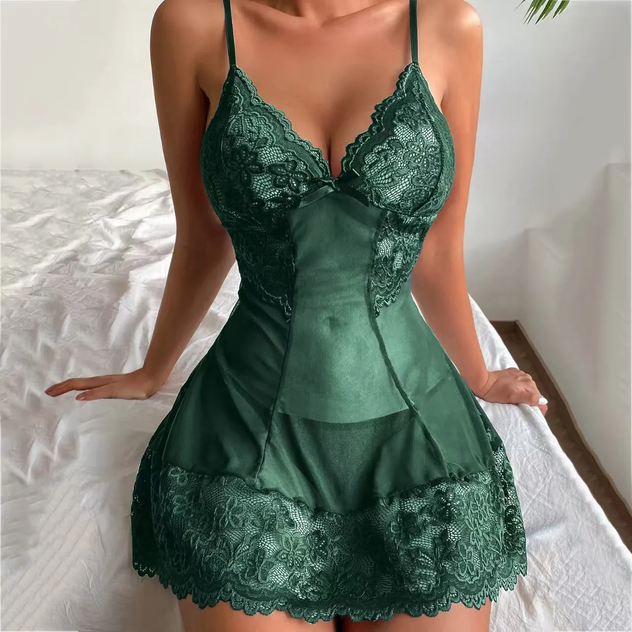One-piece mesh lace lingerie: peach color adjustable strap bodysuit, silhouette women's figure-hugging sleepwear, sexy lingerie image 5