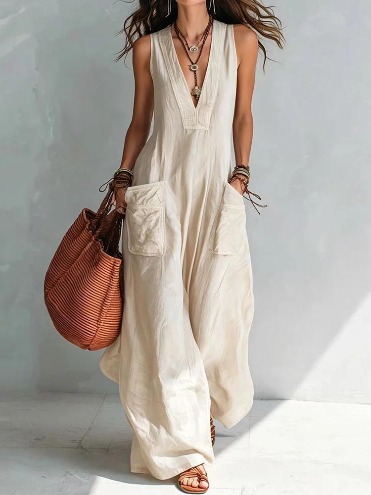 Wide Leg Pants Sleeveless Chic Jumpsuits, Women Summer Solid Patchwork V Neck Playsuits, 2026 Casual Pockets Ladies Bodysuits