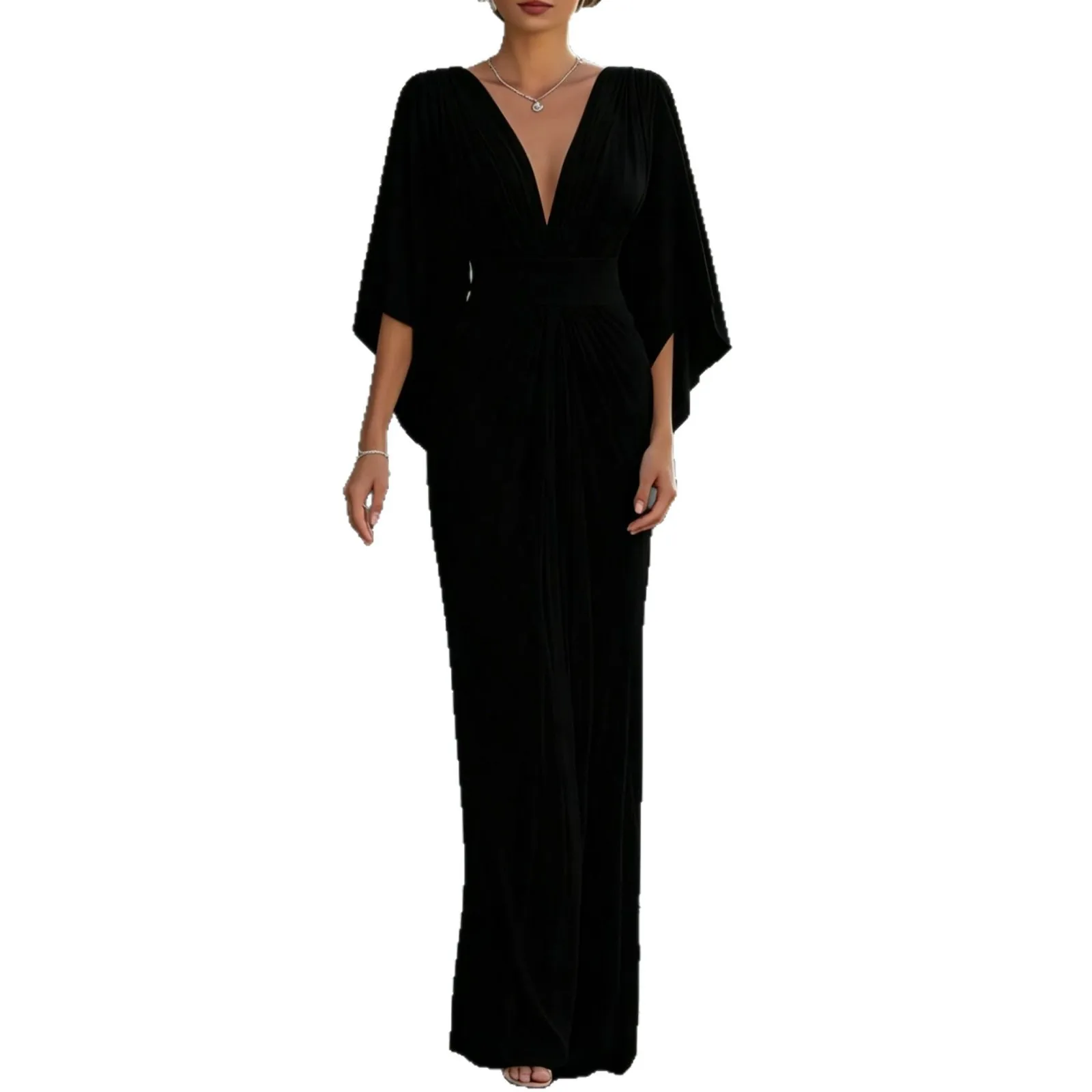 Women Deep V‑Neck Batwing Sleeve Pleated Maxi Dress Waist Cinched Formal Evening Party Long Gown view 5