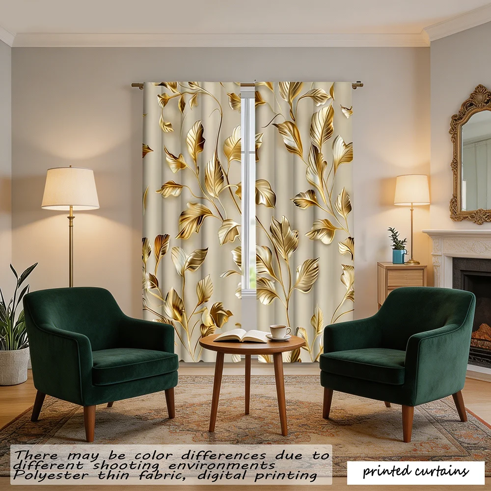 A Pair of Curtains with Flat 2D Printing, Displaying Golden Plant Patterns, Suitable for Bedrooms, Living Rooms, and Dining Room