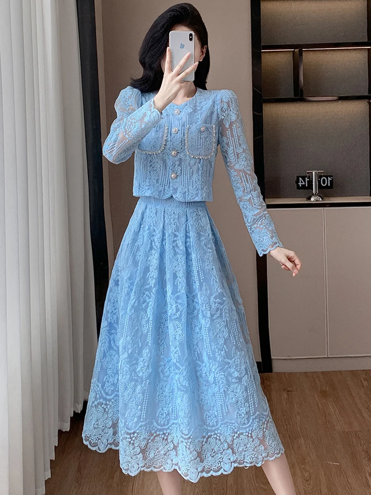 2024 Autumn New Women Elegant Lace Two Piece Sets Women Single Breasted Embroidery Flower Lace Long Tops+A-line Mesh Skirt Suits