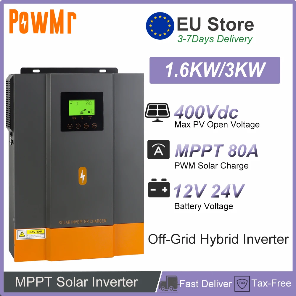 PowMr Power Inverter 1.6KW 3KW 12V 24V DC To 230V AC Pure Sine Wave 230V 80A MPPT Solar Charge Controller Fit for LifePo4 No Tax