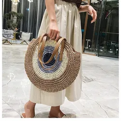 Sac tissé en paille fait main pour femme, grande capacité, fermeture éclair ronde, à la mode, été, plage, voyage, vacances, 2022