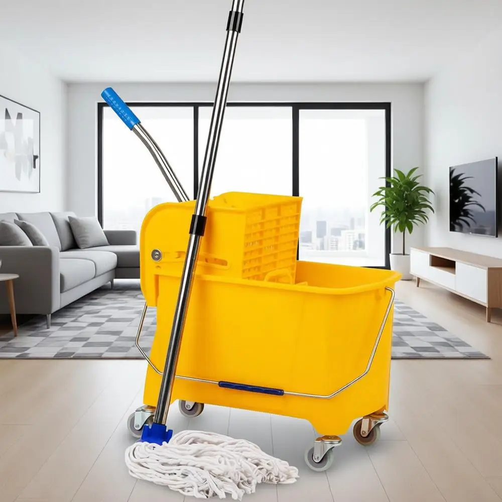 

Mop and Bucket Set with Wringer, 5.5 Gallon Cleaning System with Wheels, Upward Pressing Wringer, Small Mop Compatible