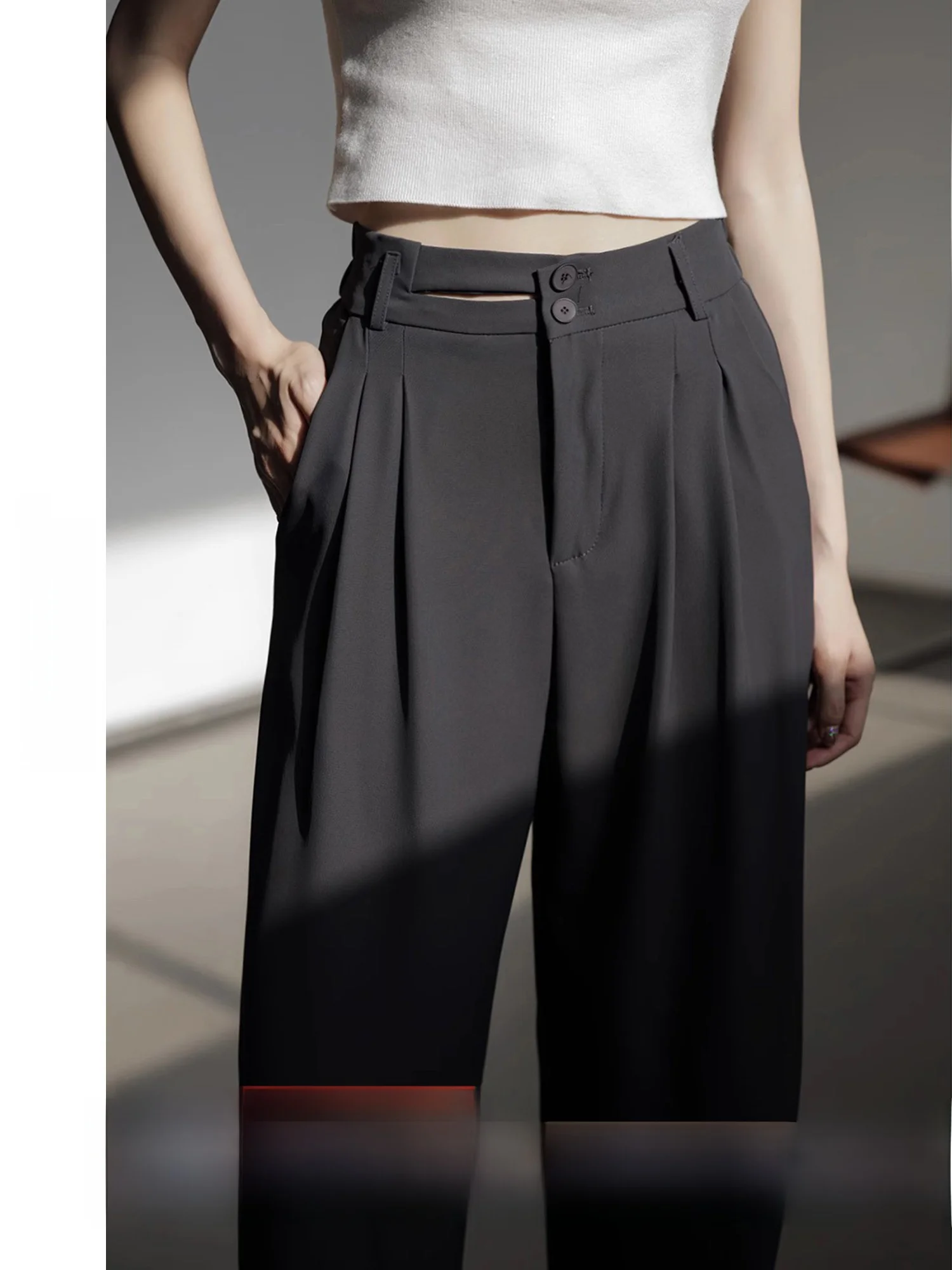 

Gray Casual Wide Leg Pants Women's New Style Retro Design High Waist Drapey Pants Simple Seasonal Commute Style Fashionable