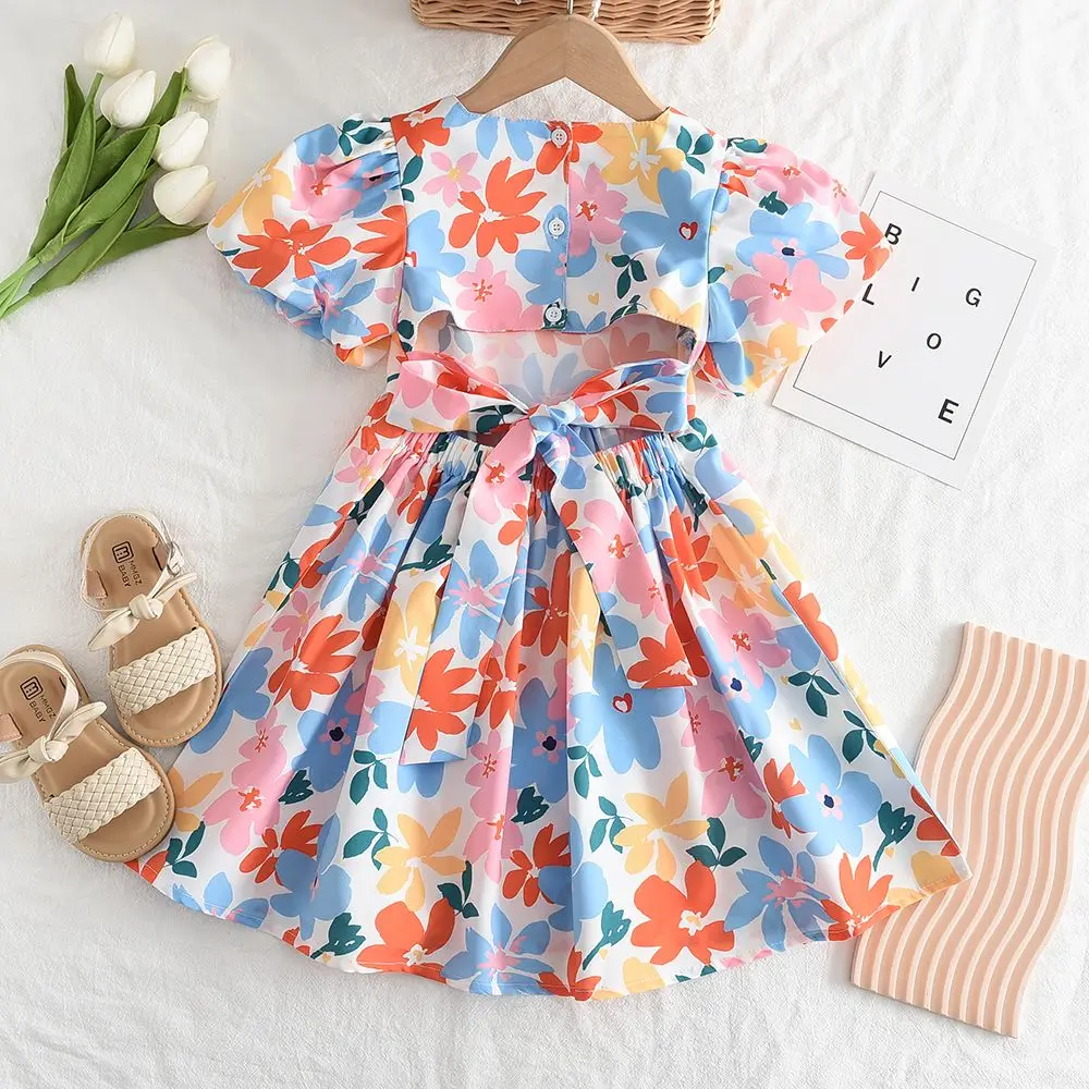 Girls' summer floral dress new children's baby Korean version backless bow princess dress 100-140cm