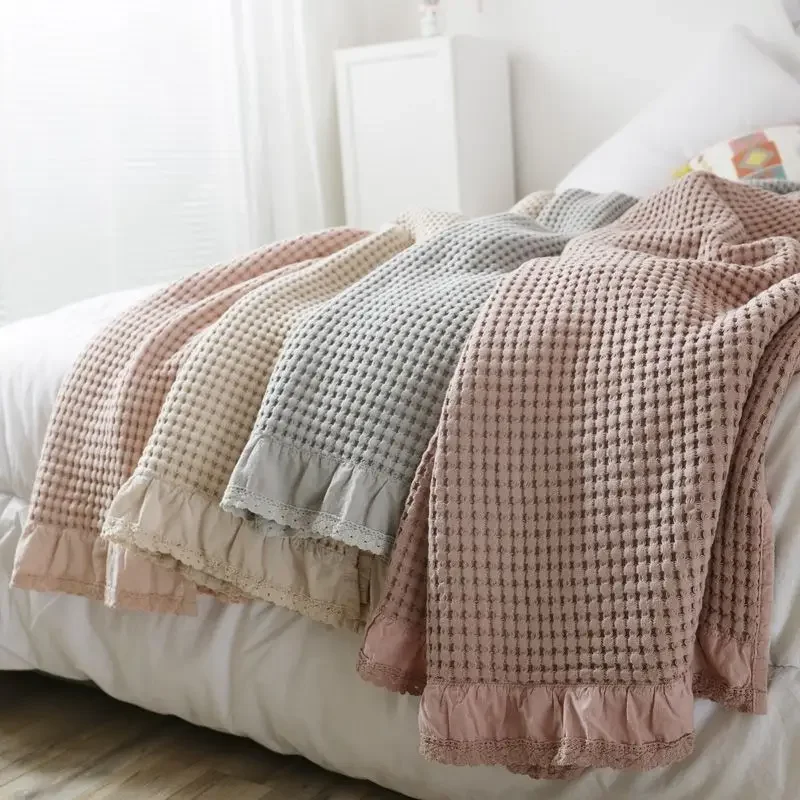 100% Cotton Soft Bed Plaid Home Japenese Knitted Blanket Corn Grain Waffle Embossed Summer Ruffles Warm Plaid Throw Bedspread