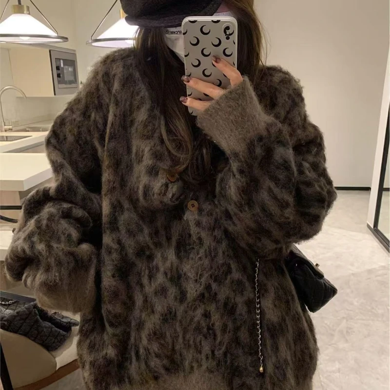 

Американская винтажная трикотажная верхняя одежда с леопардовым принтом, свободная повседневная одежда на пуговицах с длинными рукавами и круглым вырезом, элегантный модный женский кардиган, осень 202, осень