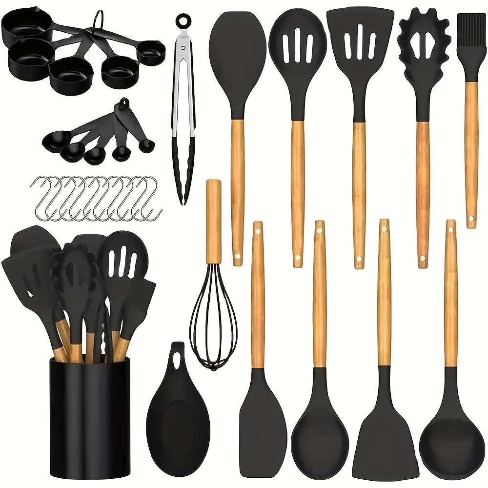 33pcs Silicone Kitchen Utensil Set with Wooden Handles & Storage Bucket -  Non-Stick Cookware Tools ,Essential Cooking Gadgets