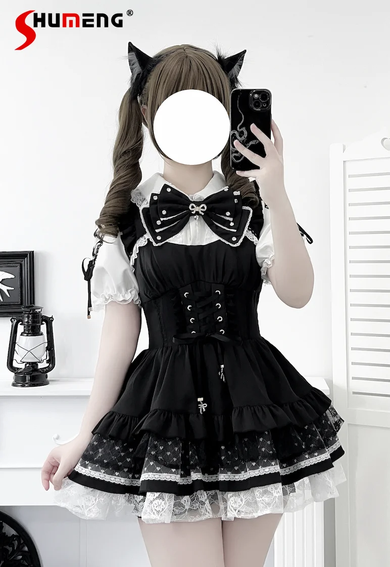 

Japanese Mines Style Mass-produced Lace Doll Collar Bow Bubble Sleeve Lace-up Slim Dress High Waist Shorts Two-piece Sets Women