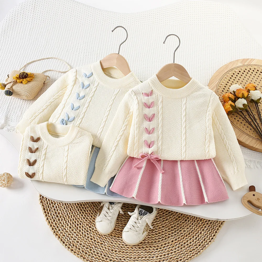 Children's sweater set skirt  winter style knitted top  girls Korean-style stylish vertical striped sweater  fresh  elegant