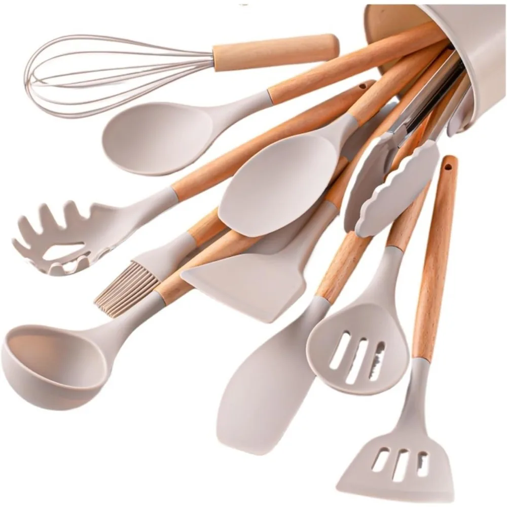 12Pcs Food Grade Silicone Cooking Utensil Set Natural Wooden Handle Heat Resistant Non-Stick Kitchen Tools with Storage Holder