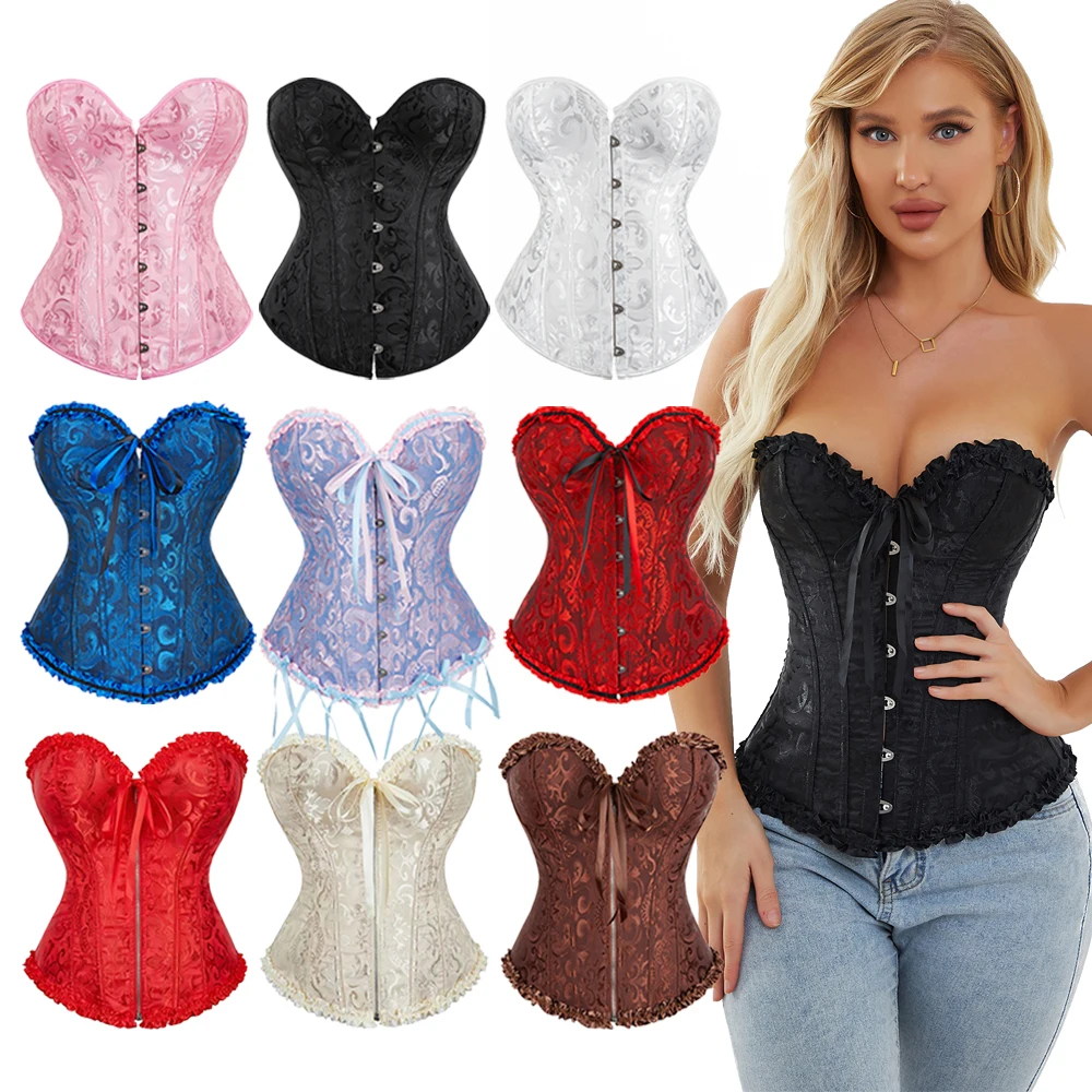 Jacquard Floral Overbust Corset Front Busk/Zipper Waist Bustier Top Elegant Corselet Basques