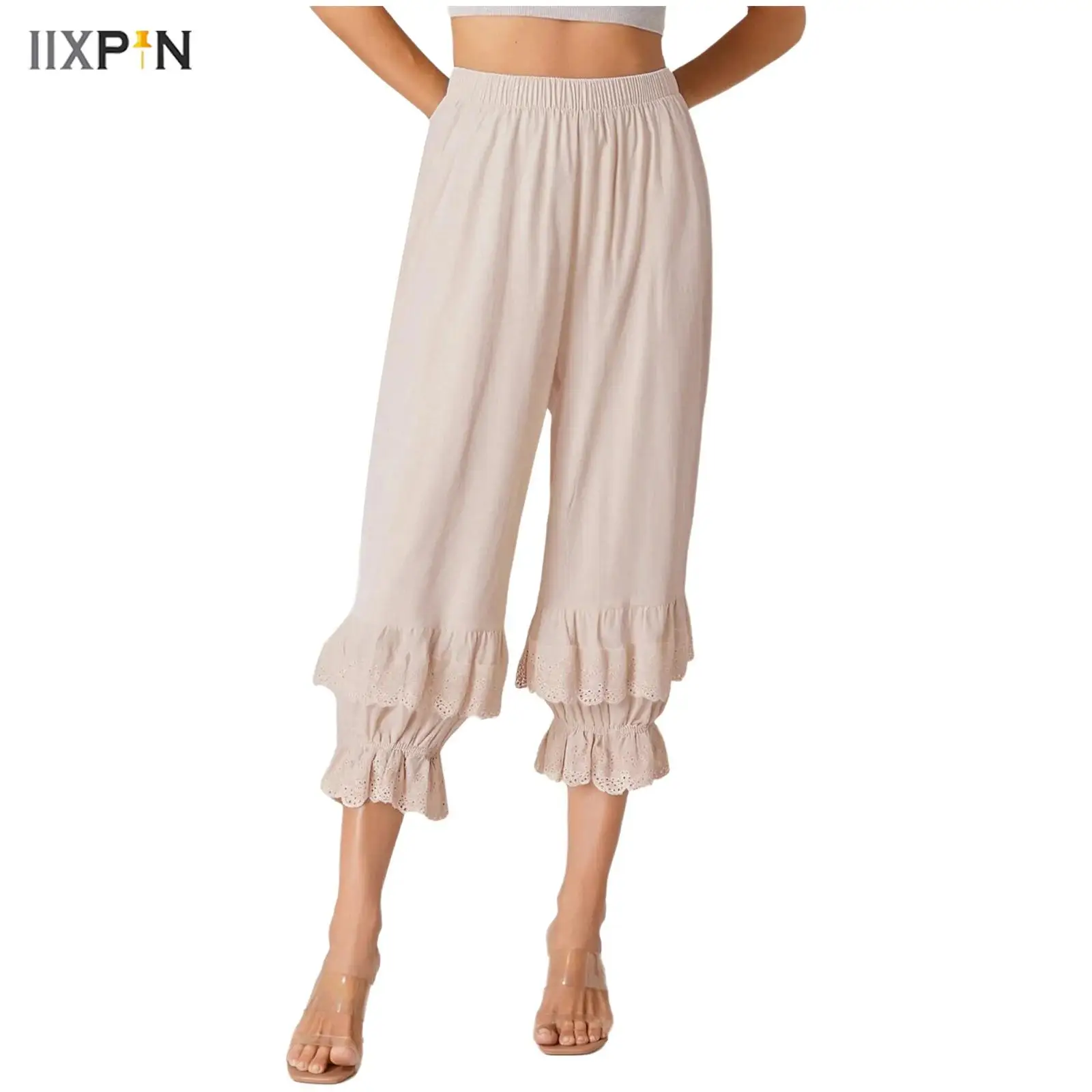 

Womens Bohemian Loose Pants Cotton Soft 2-layer Ruffled Lace Elastic Waist Lantern Trousers Pastoral Style Pants for Daily Wear