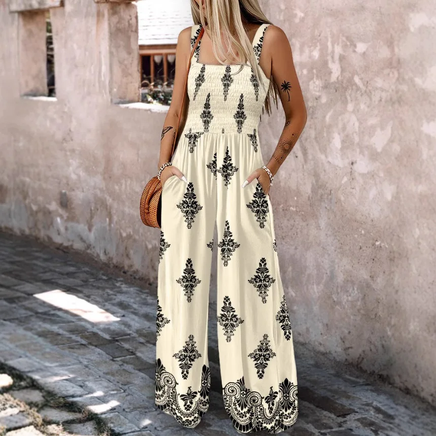 

SINGREINY Vintage Print Long Jumpsuits Female Strap Sleeveless Ruched Elastic Slim Backless Summer Floral Retro Beach Rompers