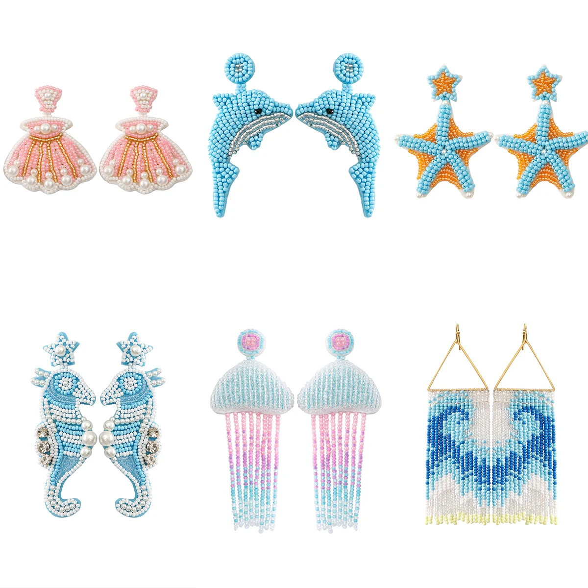 Bohemian Oceanic Creature Shell Handmade Rice Bead Earrings Blue Dolphin