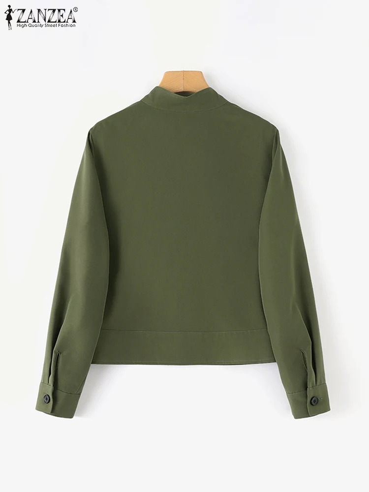 ZANZEA Fall 2024 Solid Color Cargo Coats Women Button Up Fashion Stand Collar Short Jackets Long Sleeve Work Wear Thin Outwears