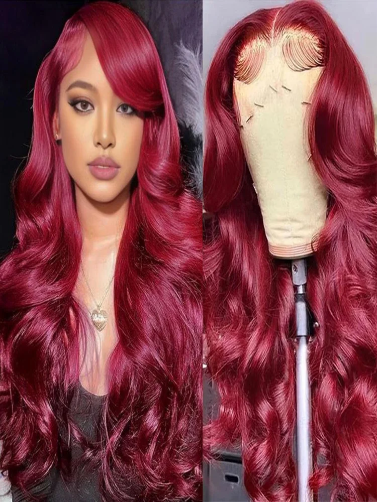 

99J Body Wave Wig Burgundy 250 Density Lace Frontal Wig Human Brazilian Hair 30Inch 13x6HD Lace Front Wig Pre Plucked For Women