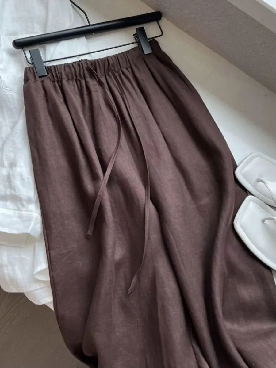 Japonês sle tamanho pequeno linho calças de perna larga feminino verão drapeado preguiçoso casual algodão linho calças de perna reta