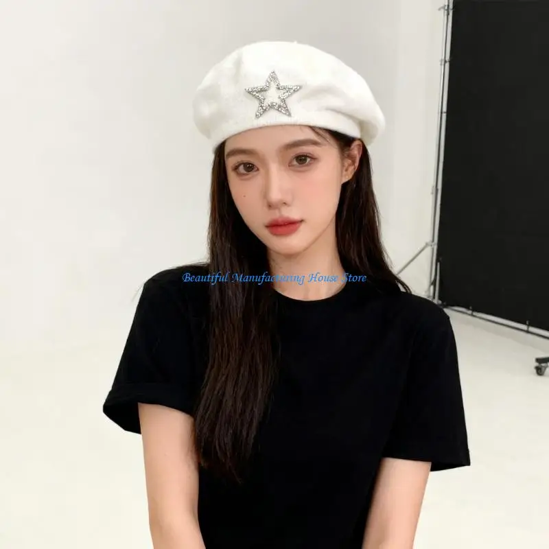 E56A Five Point Star Decors Acrylic Fabric Hat Winter Domed Hat for Women Girl