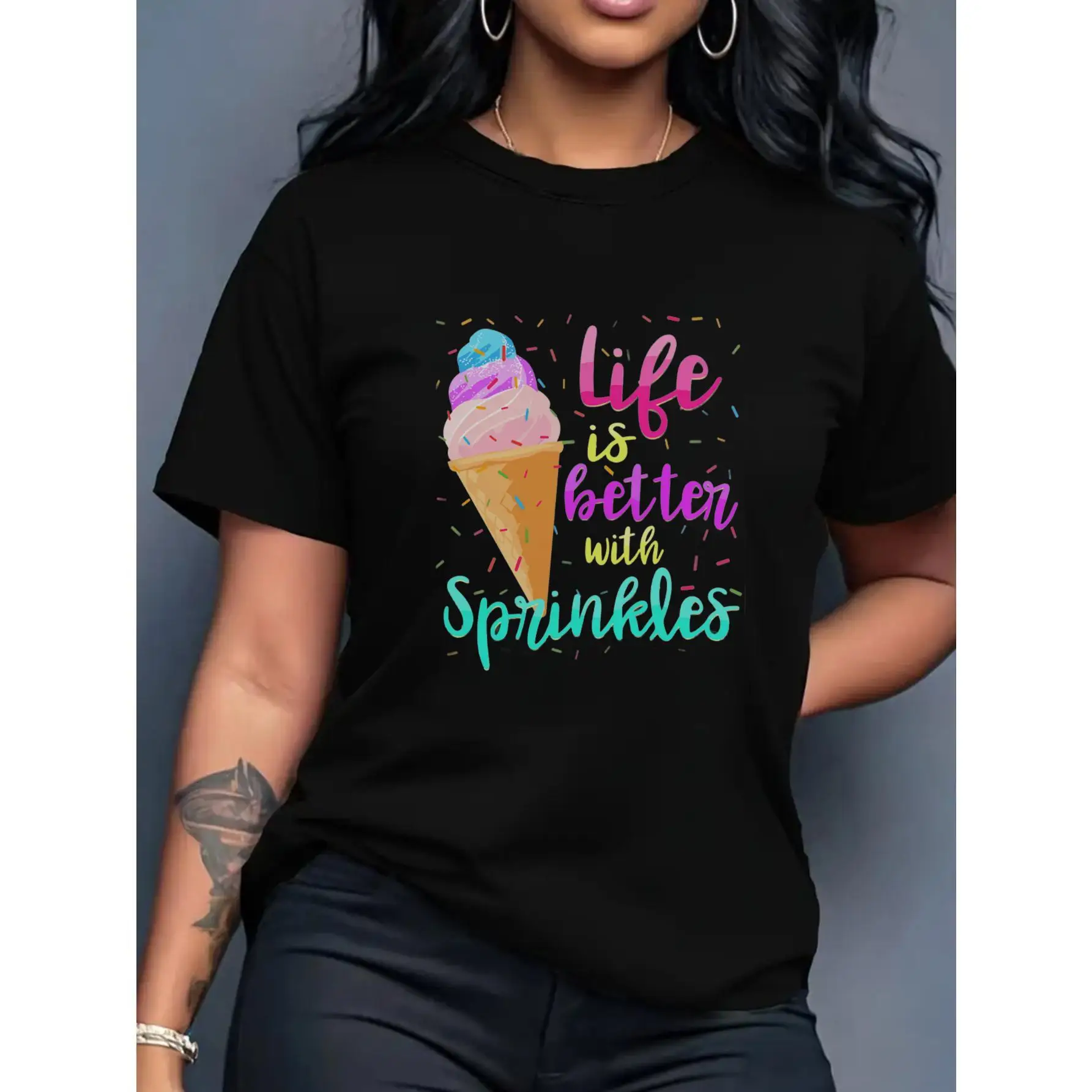 

Casual Short-Sleeve T-Shirt - Stretch Fabric, Loose Fit Round Neck, "Life Is Better With Sprinkles" Ice Cream Print, Black