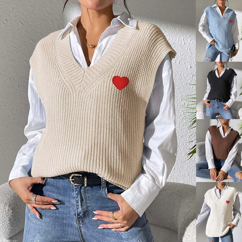 レディース Vネック 刺繍入り ラブステッカー セーターベスト 欧米風 春秋 シンプルデザイン