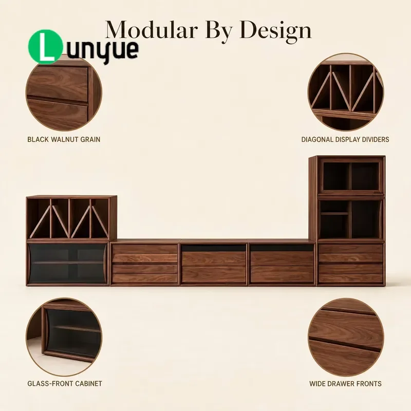 Modular TV Cabinet Set Black Walnut Media Console with Locker Open Shelving Display Unit for Living Room Wall Storage